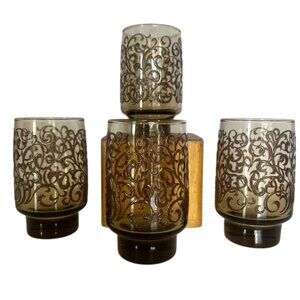 Vintage Libbey Prado 10 Oz. Tumblers Embossed Amber Glass Set Of 4